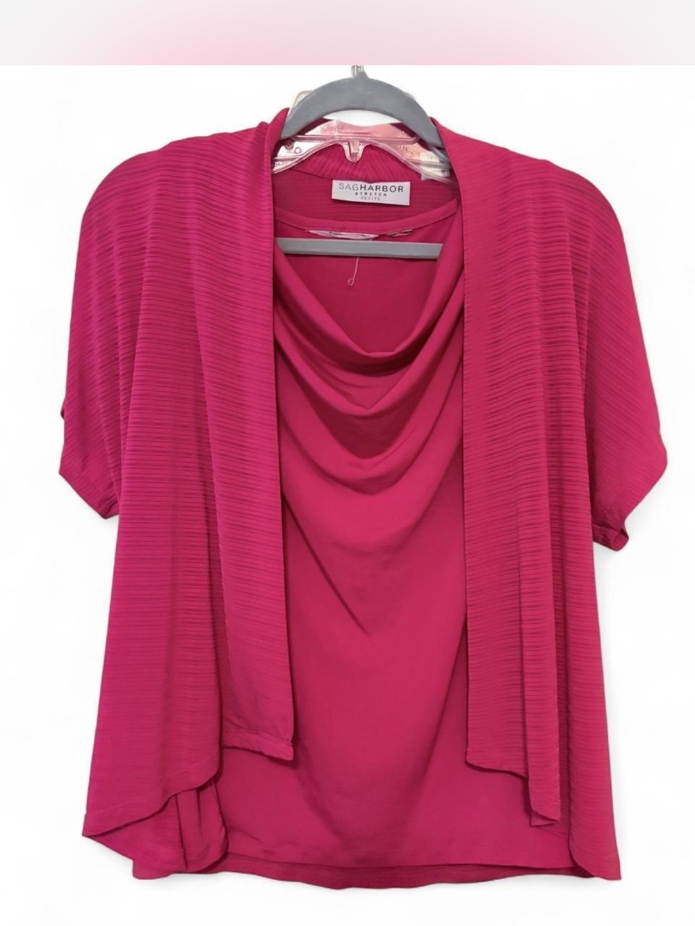 Sag Harbor Women's Raspberry Pink Draped Sleeveless Top &Open-Front Cardigan set